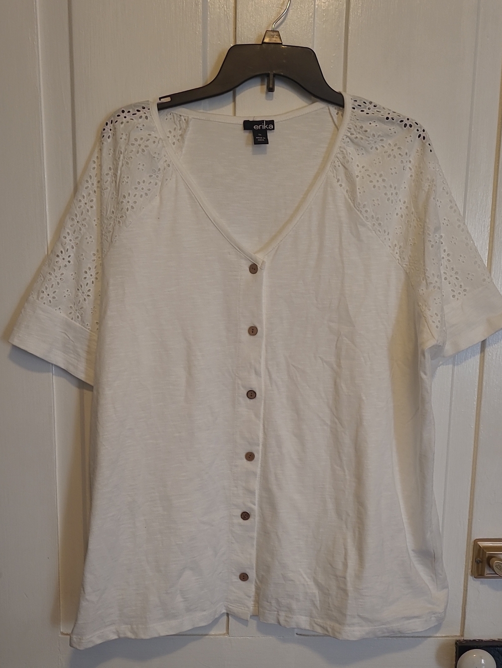 Erika White Eyelet Sleeve Button-Front Women's Top